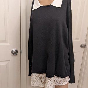 So soft! Black light-weight sweater with white lace trim